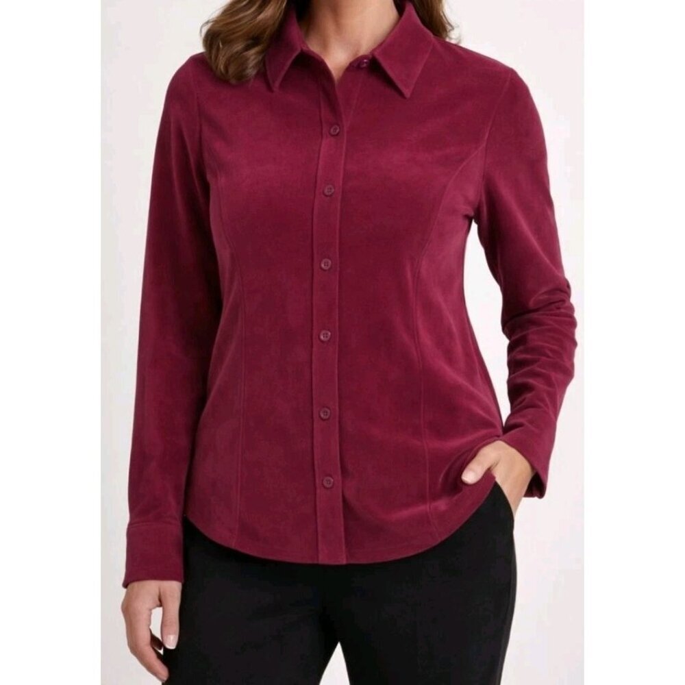 Petite Sophisticate Velour Casual Stretch Work Button-Down Shirt Large Ruby Red